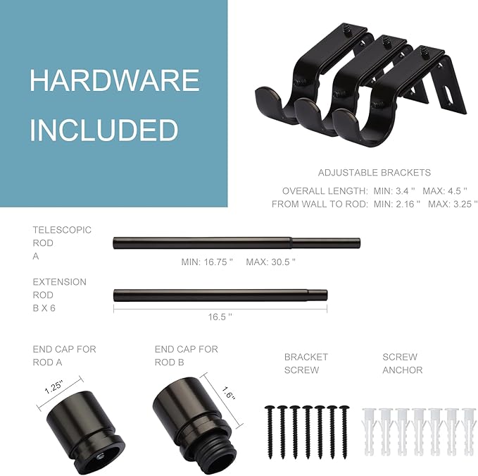 Curtain Rods for Windows 16 to 120 Inches Adjustable Length 1 Inch Diameter Window Curtain Rod with Aluminium End Cap, Antique Bronze