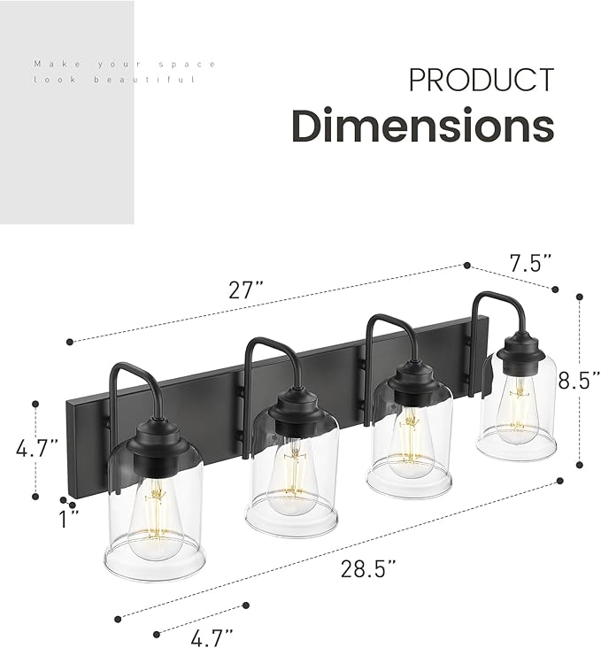 zeyu Modern Bathroom Light Fixtures, 4 Light Vanity Lighting, 28.5" Bathroom Mirror Wall Light, Matte Black Finish with Clear Glass Shade, ZSL72B-4W BK