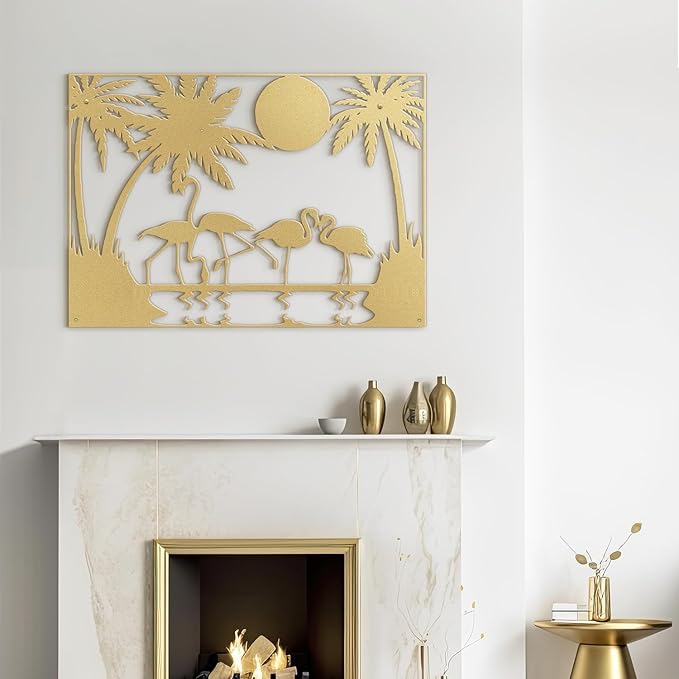 SIGNLEADER Metal Wall Art Moonlit Flamingos and Palm TreesDecor Modern Abstract Wall Sculpture Hangings Home Decoration for Living Room, Bedroom, Bathroom, Kitchen, Outdoor - 24" Gold