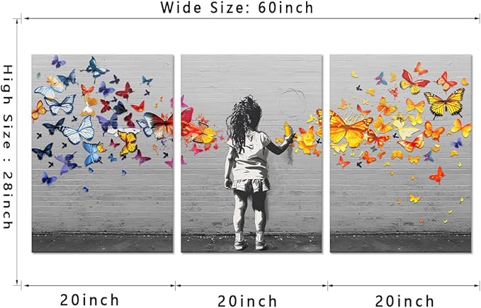 Novatique Banksy Wall Art Street Wall Art Colorful Butterfly Graffiti Painting Canvas Print Modern Graffiti Picture Art for Office Living Room Bedroom,20”x 28”x3Pcs
