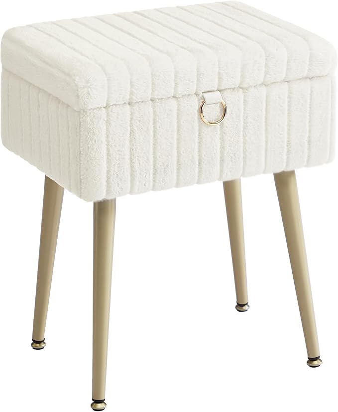 SONGMICS Vanity Stool Chair with Storage, Makeup Stool, Footrest Footstool Ottoman, Metal Legs, Adjustable Feet, for Living Room, Bedroom, Makeup Room, Cream White ULOM505WZ02