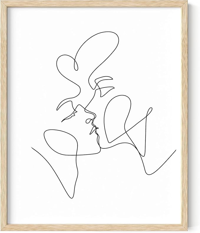 Minimalist Couple Art Wall Art Print Couple Kiss Abstract Line Drawing, Gallery Quality 8"x10" Beige Framed, Abstract Love Aesthetic Decor Bedroom Living Room