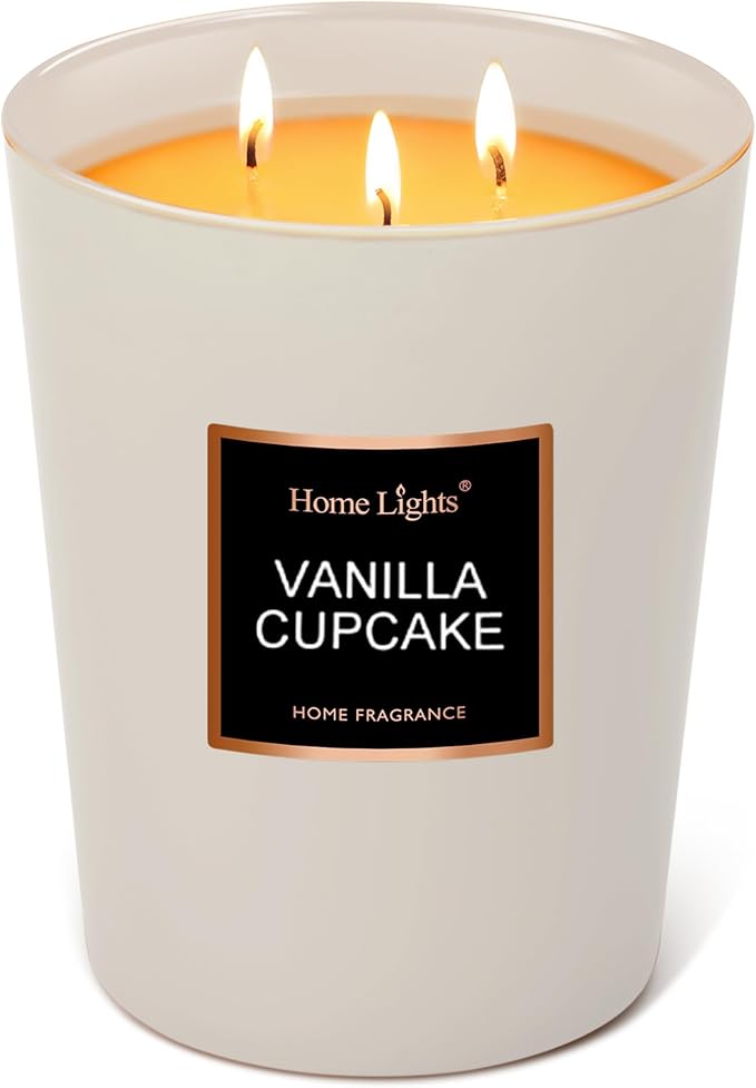 HomeLights Highly Scented Soy Candles Big 33.3 oz for Home. 3 Cotton Wicks, Smokeless Long Lasting 130 hrs in Vanilla Cupcake. 5x6, Great Gift for Women & Men