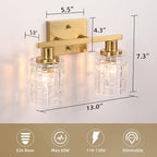 2 Light Brushed Gold Bathroom Vanity Light Over Mirror, Modern Vanity Lighting with Crystal Glass Shade, Wall Mount Bathroom Light Fixtures, E26 Base