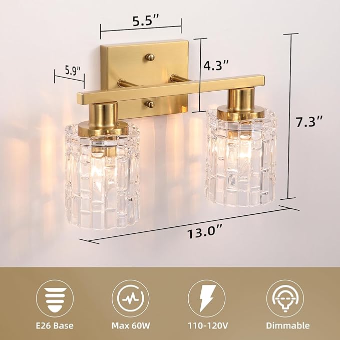 2 Light Brushed Gold Bathroom Vanity Light Over Mirror, Modern Vanity Lighting with Crystal Glass Shade, Wall Mount Bathroom Light Fixtures, E26 Base