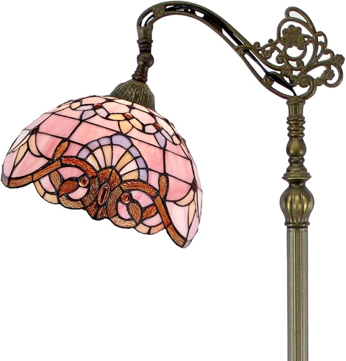 WERFACTORY Tiffany Floor Lamp Pink Baroque Stained Glass Arched Lamp 12X18X64 Inches Gooseneck Adjustable Corner Standing Reading Light Decor Bedroom Living Room S003P Series