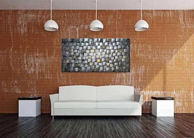 MyArton Large Thick Abstract Dark Silver add Golden Square Wall Art Hand Painted Artwork Textured Oil Painting on Canvas Framed Ready to Hang 60x30inch