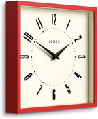 JONES CLOCKS® Box Wall Clock | Retro Square | 10 inch | Red | Easy to Read Numbers | Perfect Kitchen or Office Clock