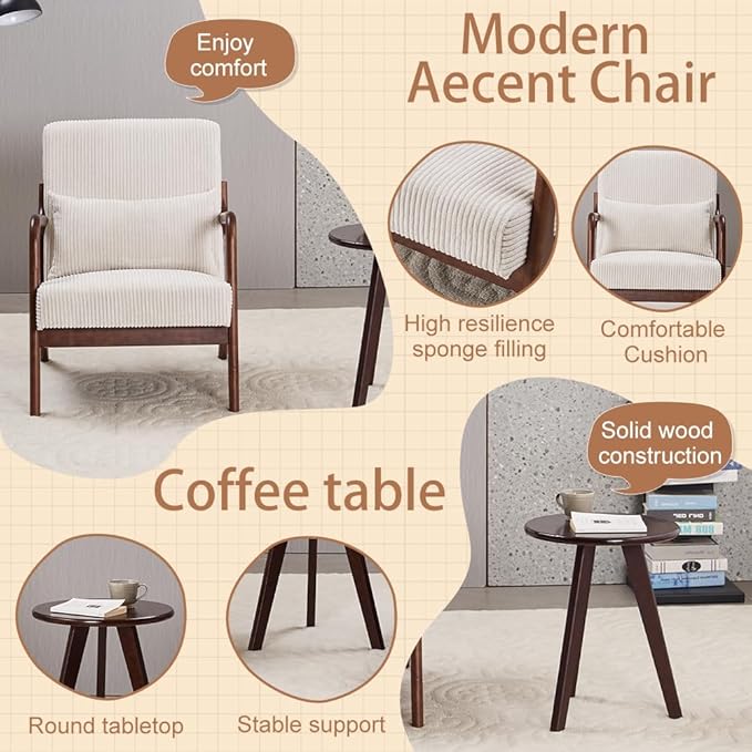 KEIKI Mid-Century Modern Upholstered Accent Chair with Matching Table, Chair and Table Set，Small Bedroom