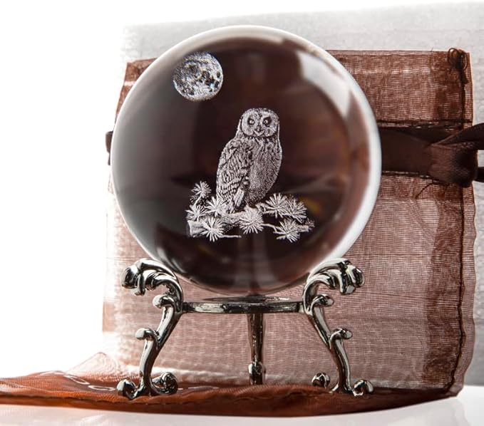HDCRYSTALGIFTS 60mm 3D Laser Crystal Ball Paperweight OWL Figurines Glass Sphere Decorative Balls with Stand Gift