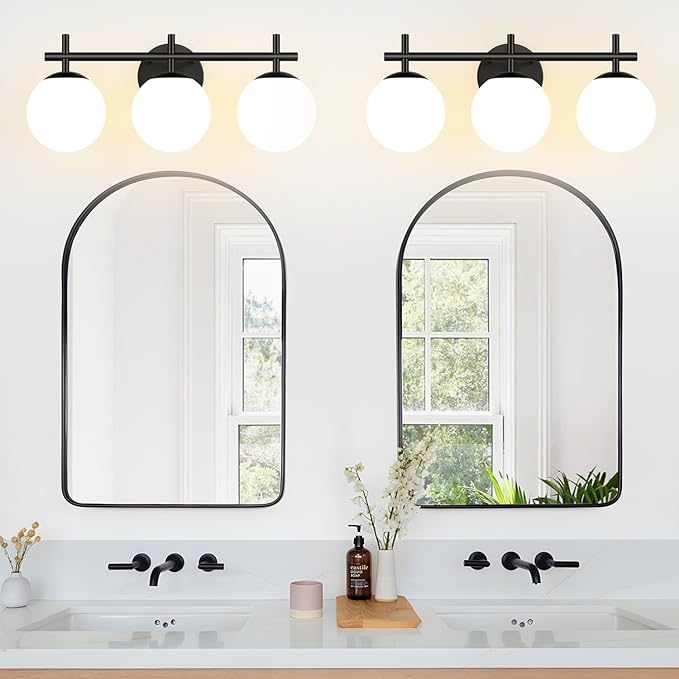 3-Light Bathroom Light Fixtures, Matte Black Vanity Lights for Bathroom with Milky White Glass Ball Shade, 18.9 inch Bathroom Lighting Fixtures Over Mirror, Wall Sconce for Bedroom (Bulb Not Included)