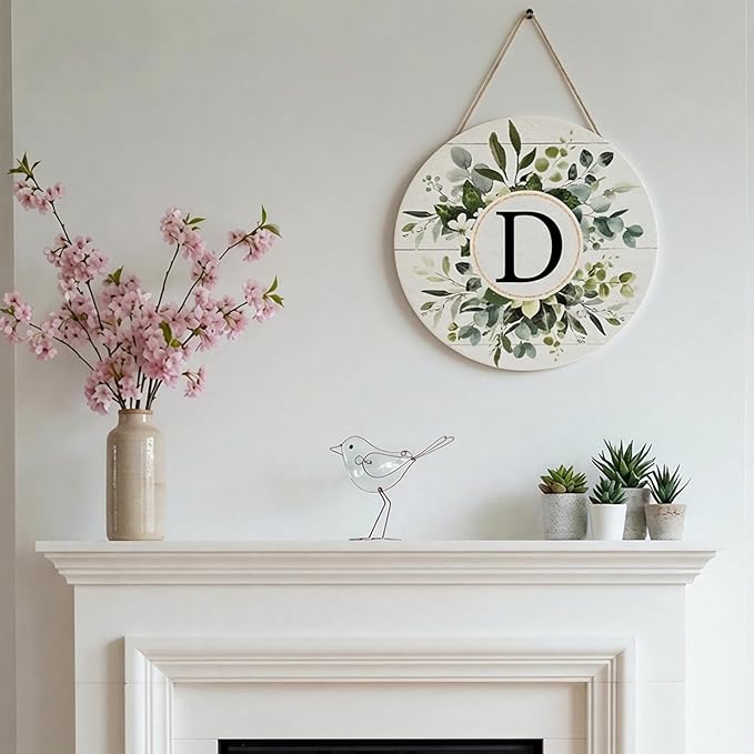 Smile Monogram Letter D Wreaths Wooden Welcome Sign, Family Last Name Initial Front Door Wall Decoration, Floral Spring Summer Porch Rustic Home Kitchen Decor