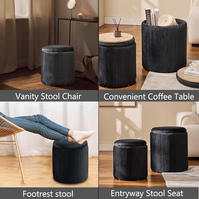 Round Set of 2 Ottoman with Storage-Upholstered Velvet Vanity Stool for MakeupMultifunctional Ottomans Coffee Table Padded Seat Foot Rest for Living Room&Bedroom (Black)
