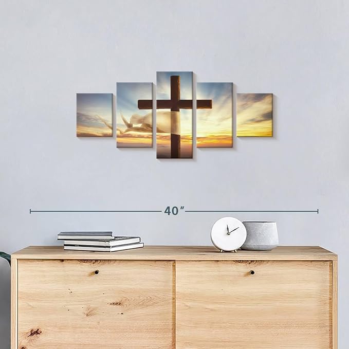 Elephant Stock Holy Cross Wall Art Multi Piece Canvas - 5 Panel Christian Pictures Decor - Digital Design Canvas Print - Christian Wall Decor - 29" X 12"