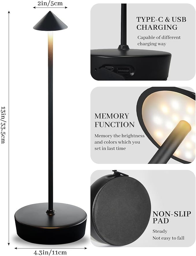 Black Cordless Rechargeable Table Lamp 7200mAh Portable Touch Control LED Waterproof Table Lamp for Bedroom Reading