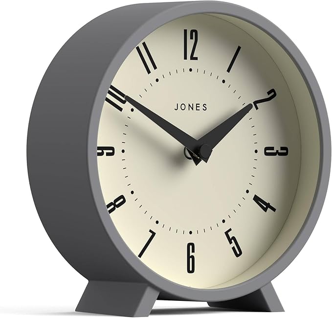 JONES CLOCKS® Venus Desk Clock | Modern Round Design | Gray | Stylish Retro Look for Shelf, Table, Mantel or Bedside