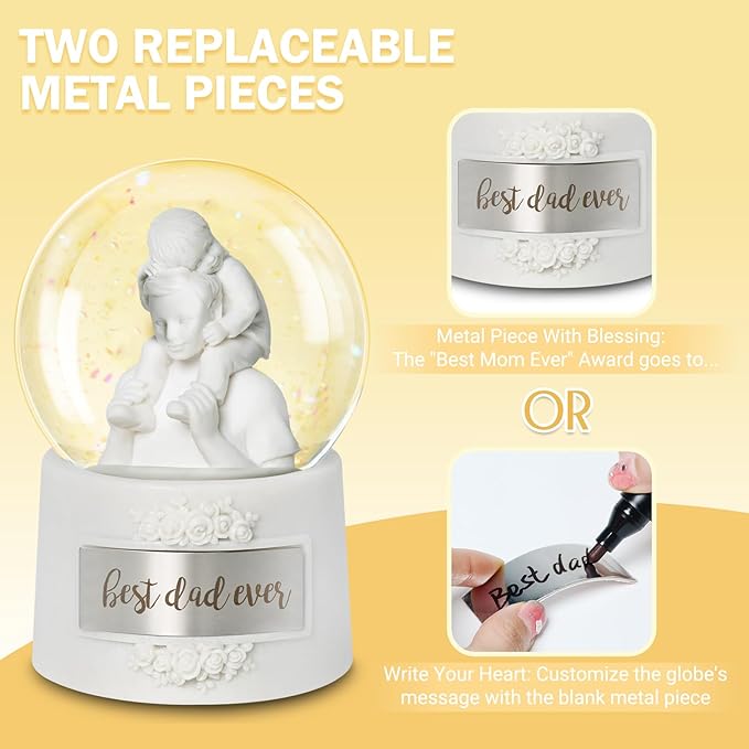 Fathers Day Snow Globe, 5.9" Wind Up Music Box，Christmas Snow Globe for Father's Day Decorations Christmas Decorations Gifts for Dad Father Men Adults Kids