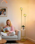 Glass Floor Lamp with Tray, Gold Dimmable Globe Floor Lamp for Wedding/Party, 2Pcs 3000K Soft Warm White Bulbs Included, Mid Century Modern Standing Lamps for Living Room Bedroom