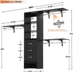 Armocity 96 Inches Closet System, 8FT Walk In Closet Organizer with 3 Shelving Towers, Heavy Duty Clothes Rack with 3 Drawers, Built-In Garment Rack, 96" L x 16" W x 75" H, Max Load 1000 LBS, Black