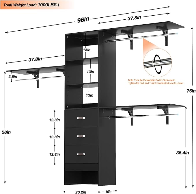 Armocity 96 Inches Closet System, 8FT Walk In Closet Organizer with 3 Shelving Towers, Heavy Duty Clothes Rack with 3 Drawers, Built-In Garment Rack, 96" L x 16" W x 75" H, Max Load 1000 LBS, Black