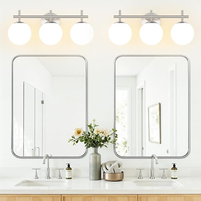 3-Light Bathroom Light Fixtures, Brushed Nickel Vanity Lights for Bathroom with Milky White Ball Shades, 18.9 inch Bathroom Lighting Fixtures Over Mirror, Wall Sconce for Bedroom (Bulb Not Included)