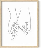 Holding Hands Wall Art Interlocking Fingers Continuous Line Drawing Love Connection 16x20 Inch Oak Wood Beige Framed Modern Romance Print for Bedroom