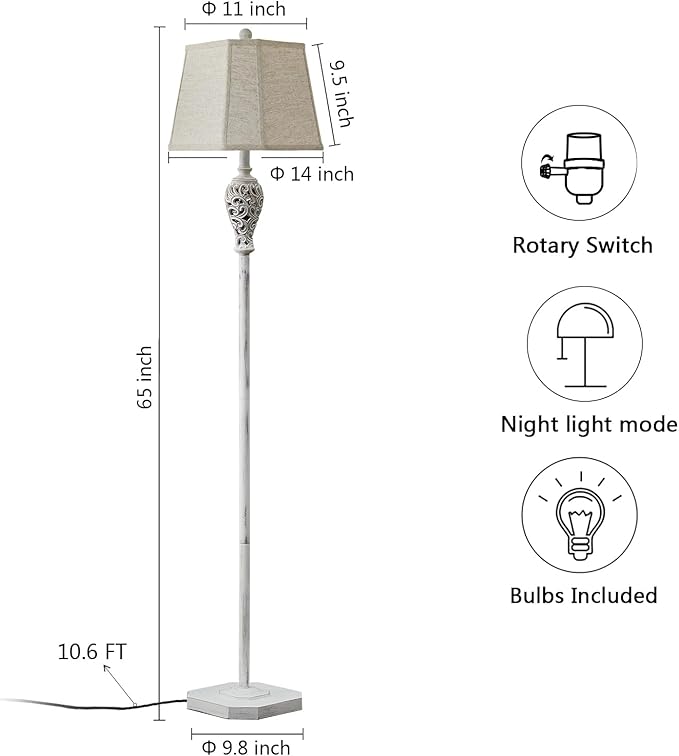 65'' Rustic Floor Lamp for Living Room with 2 Light Sources, Hollow Out Nightlight Resin Farmhouse Tall Standing Lamp for Bedroom Office Corner, Bulb Included (Wash White)