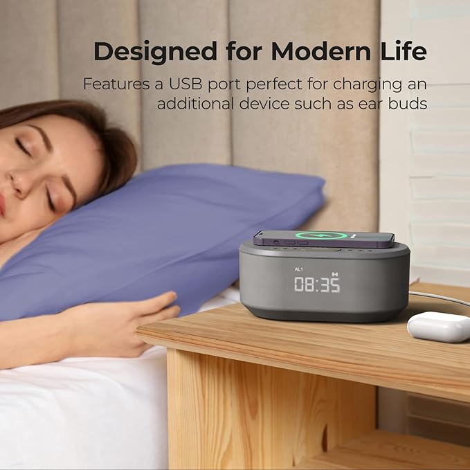 i box Dawn FM Radio, Bluetooth Wireless Speaker, Fast Charging, Clock Radio, LED Display, USB Charger, Dimmable Night Light, Alarm Clock Feature, Wireless Charger, Digital Clock, Dual Alarm (Grey)