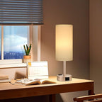 Antique White Bedside Table Lamp for Bedroom - 3 Way Dimmable Touch Lamp USB C Charging Ports and AC Outlet, Small Lamp Gold Base Round Flaxen Fabric Shade for Living Room, Desk, LED Bulb Included