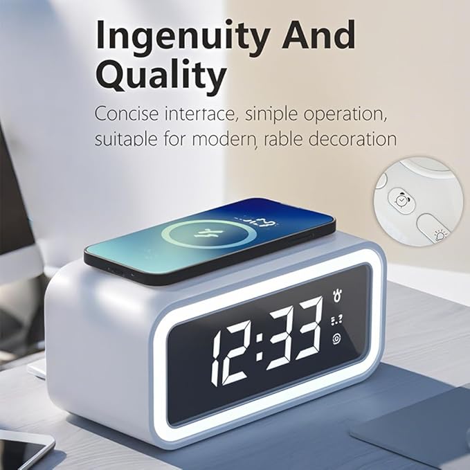 IHAO 5in1 Multi-Functional Alarm Clock with Wireless Charging 15W Fast Charger for Phone & Earbuds 3 Group Alarms, Dimmable Night Light, USB Port, Digital Clock Adjustable Light Mini Mirror QXF-805