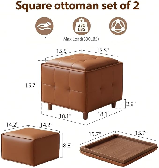 Square Ottoman with Storage Set of 2, Leather Coffee Table Ottoman, Multifunctional Foot Rest Stool with Storage for Living Room & Bedroom
