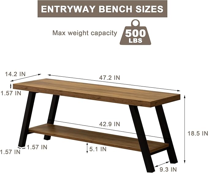 Entryway Bench, Farmhouse Indoor Entry Way Shoe Benches Seat, Industrial Metal Shoe Storage Bench Organizer for Living Room, Bedroom, Hallway (Rustic Oak)