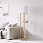 SUNMORY Floor Lamp with Shelves,Modern Dimmable Wood Standing Lamp with 1 Drawer and 2 USB Ports & 2 Power Outlet,Corner Tall Bookshelf Lamp for Living Room and Bedroom(Wood Color)