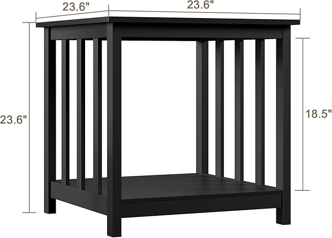Treocho End Tables Living Room Set of 2, 24 Inch Square Side Table with 2-Tier Storage Shelf, Modern Nightstand for Living Room, Bedroom, Office, Black