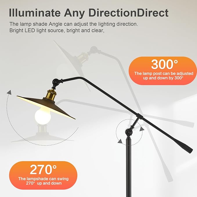 Swing Arm Floor Lamp Smart Remote Dimming for Living Room Corner Table Bedroom Office Library Farmhouse Reading Standing Tall Lights, Bright Adjustable Black Retro Rustic Industrial Home Decor