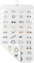 Hanging Jewelry Organizer for Closet with Swiveling Hanger, 17 x 30 In, 80 Clear Pockets Jewelry Organizer Hanging for Jewelries, Earrings, Accessories (Beige) (1, White)