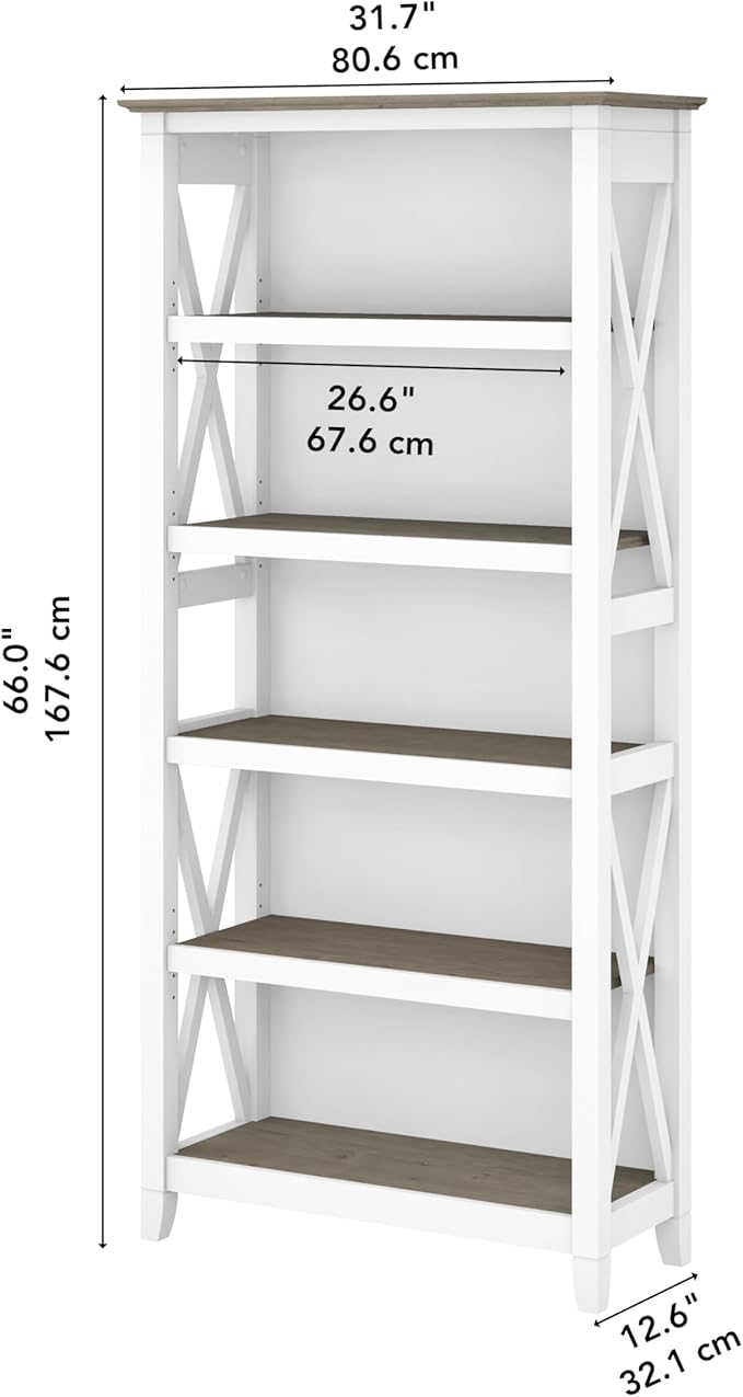 Bush Home Tall 5 Shelf Bookcase for Living Room or Home Office, Large Bookshelf, Modern Farmhouse Style, Key West Collection, Pure White and Shiplap Gray