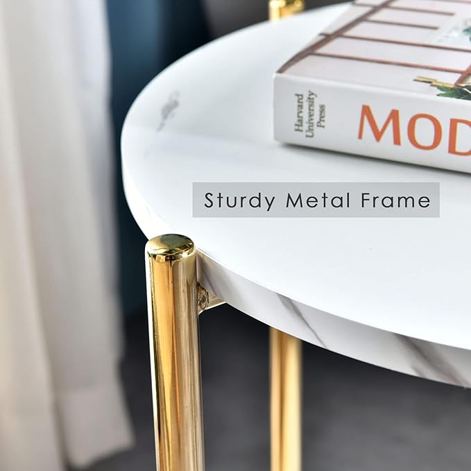 Gold End Table Faux Marble Side Table Small Round Nightstand for Living Room or Bedroom Modern Accent Table with Gold Metal Frame