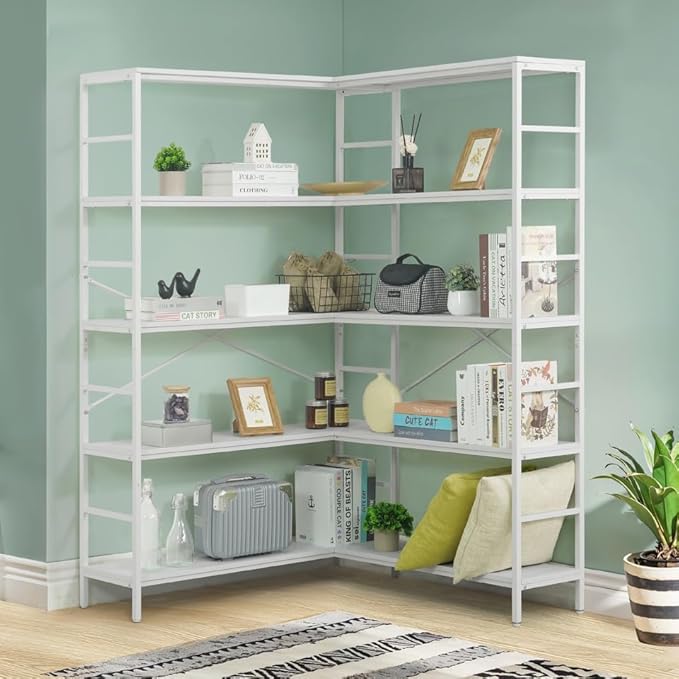 CAPHAUS L-Shaped Bookshelf, 5 Tier Industrial Corner Bookcase, Tall Corner Shelf with Metal Frame, Wooden Board, Open Display Shelf for Living Room, Bedroom, Home and Office,White