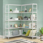 CAPHAUS L-Shaped Bookshelf, 5 Tier Industrial Corner Bookcase, Tall Corner Shelf with Metal Frame, Wooden Board, Open Display Shelf for Living Room, Bedroom, Home and Office,White