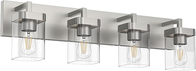 4-Light Bathroom Light Fixtures, Brushed Nickel Vanity Lights for Bathroom, Kitchen, Living Room, Modern Bathroom Vanity Lights with Clear Glass Shades