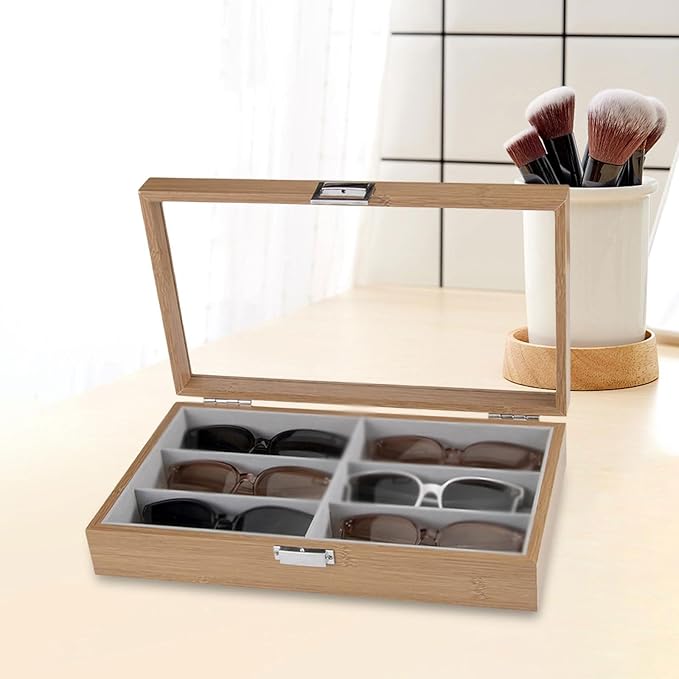 6-Slot Wood Sunglasses Organizer Eyeglasses Jewelry Watch Display Holder Collection Case