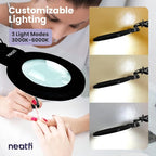 Neatfi XL Bifocal LED Magnifying Lamp – 7” Acrylic Lens, 5D/20D Magnification, 1,600 Lumens, Dimmable with 3 Light Modes, Adjustable Arm & Clamp, Lamp for Reading, Crafting (Black, CCT with Clamp)