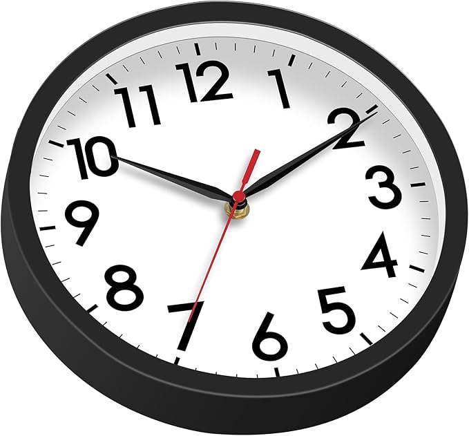 AKCISOT Wall Clock, Modern Small Wall Clocks Battery Operated 8 Inch, Silent Non-Ticking Analog Classic for Office, Home, Bathroom, Kitchen, Bedroom, School(Black)
