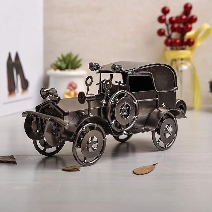 Metal Antique Vintage Car Model QBOSO Handcrafted Collections Collectible Vehicle Toys for Bar or Home Decor Decoration Great Birthday Gift (Black-Silver, Large