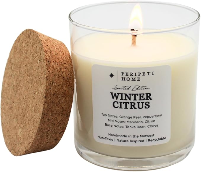 PERIPETI Home Winter Citrus Scented Candle, Classic Wick – 8.5oz Natural Soy Wax for Energizing Aromatherapy, Long-Lasting Burn