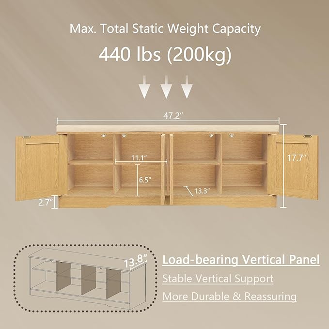 DINZI LVJ Shoe Bench, Entryway Storage Bench with Doors, Cushion, 2-Tier Shoe Rack with 8-Cubby, 47.2”L x 13.8”W Shoe Organizer Cabinet, Adjustable Shelf, Living Room, Bedroom, Natural