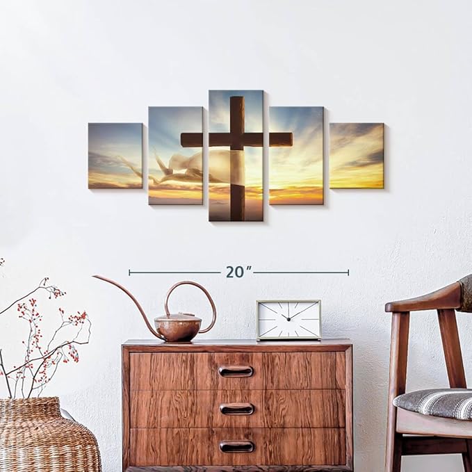 Elephant Stock Holy Cross Wall Art Multi Piece Canvas - 5 Panel Christian Pictures Decor - Digital Design Canvas Print - Christian Wall Decor - 29" X 12"