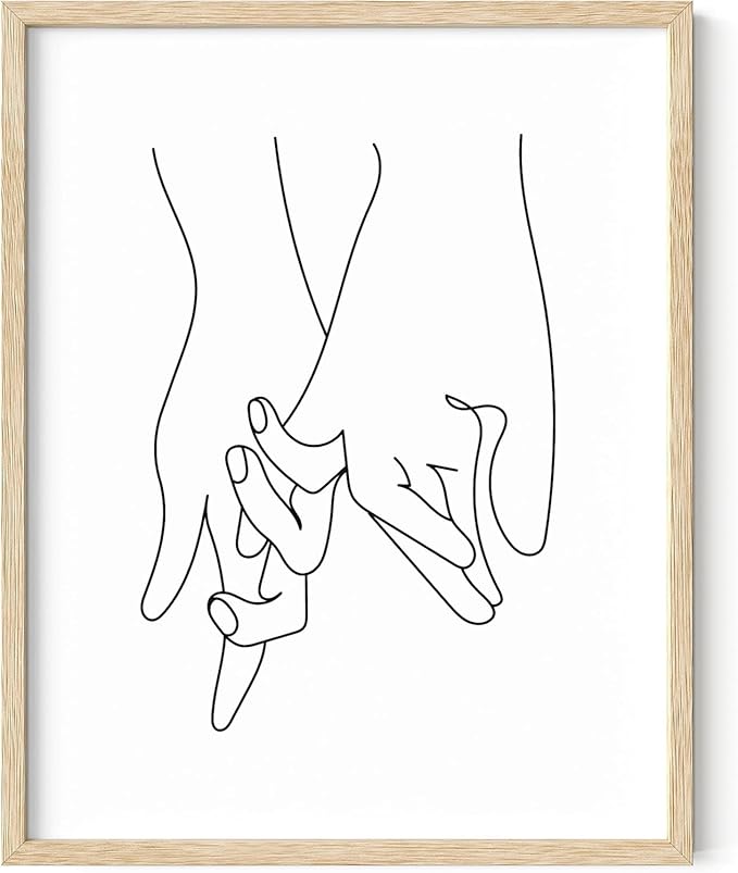 Holding Hands Wall Art Interlocking Fingers Continuous Line Drawing Love Connection 11x14 Inch Oak Wood Beige Framed Modern Romance Print for Bedroom