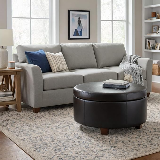 Homepop Home Decor | Upholstered Faux Leather Large Tufted Round Storage Ottoman | Button Top Ottoman with Storage for Living Room & Bedroom | Decorative Home Furniture, Black
